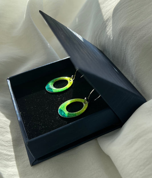 Green Enameled Sterling Silver Earrings: Minimalist Handmade Jewelry