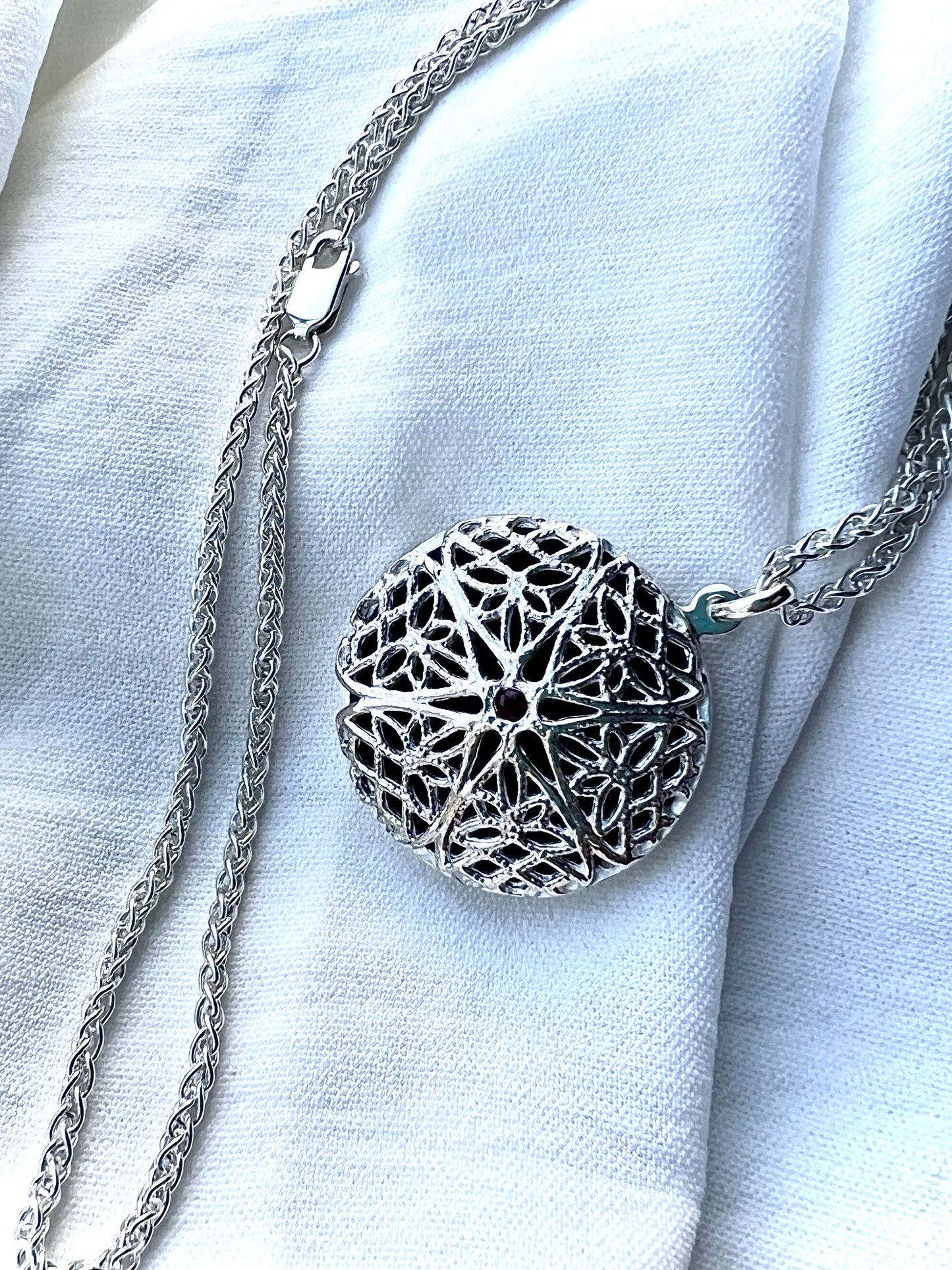 Sterling Silver Locket with Natural Ruby – Handcrafted Photo Necklace Memorial Jewelry