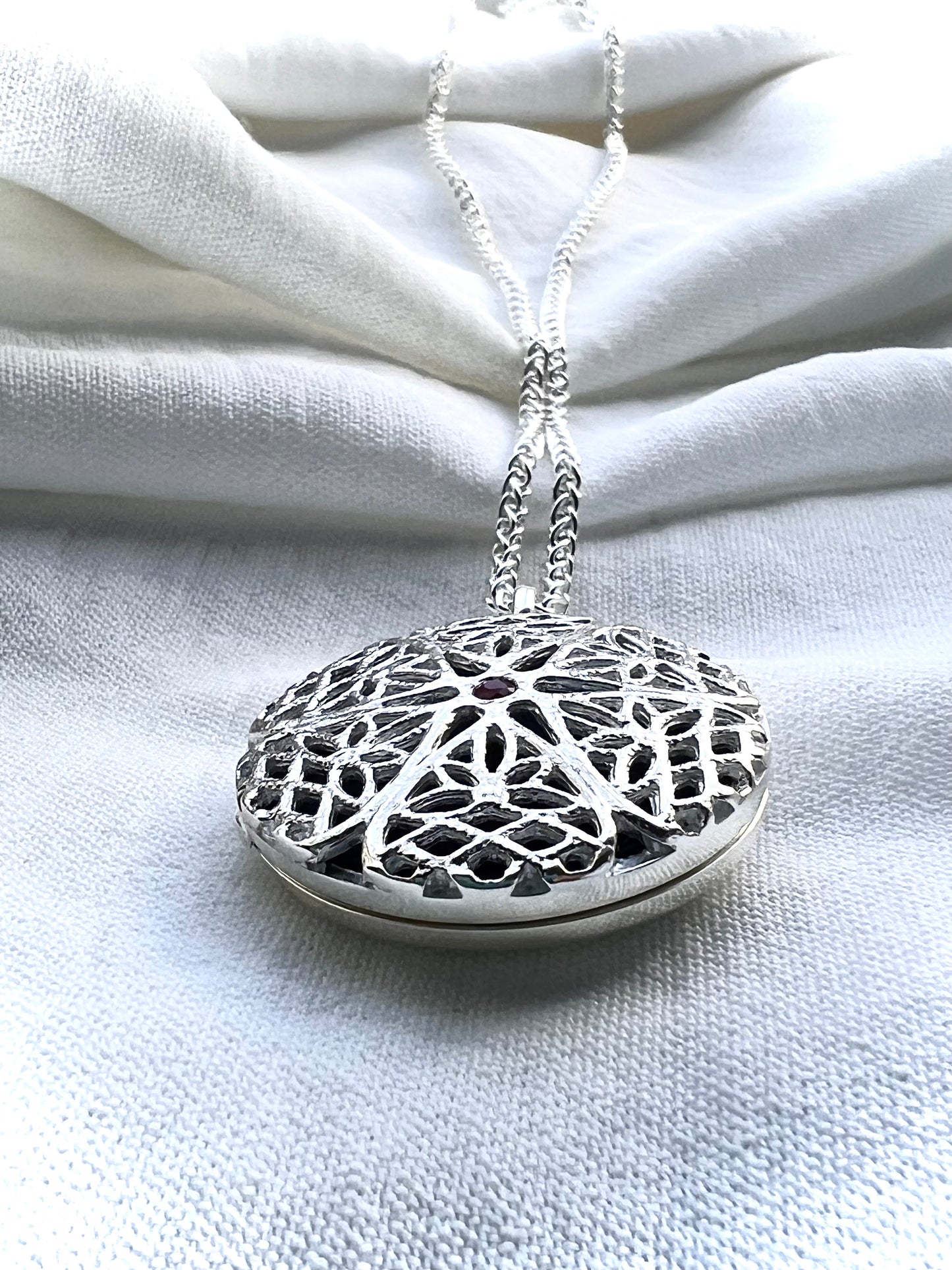 Sterling Silver Locket with Natural Ruby – Handcrafted Photo Necklace Memorial Jewelry