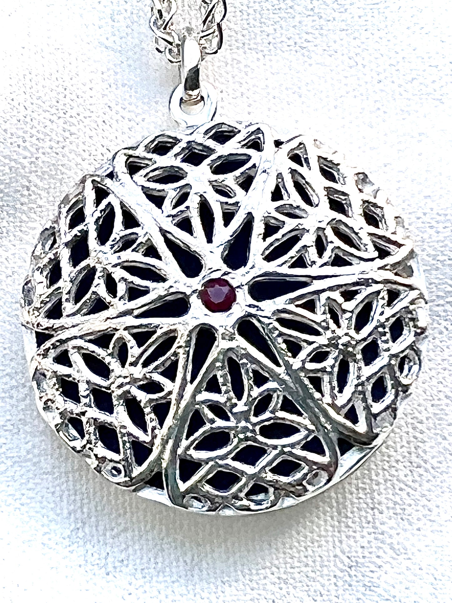Sterling Silver Locket with Natural Ruby – Handcrafted Photo Necklace Memorial Jewelry