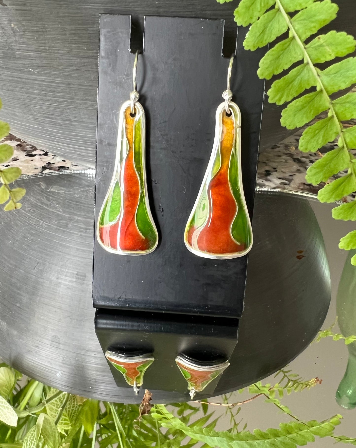 Green and Brown Enameled Earrings – Handcrafted Sterling Silver