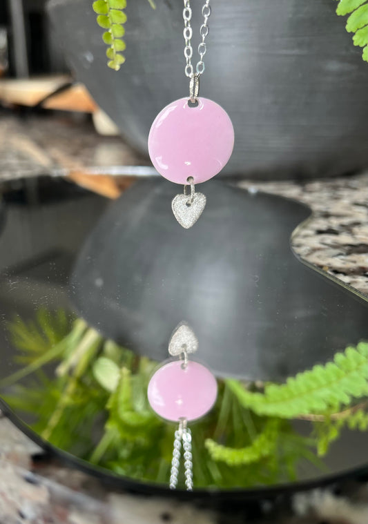 Pink Enameled Round Pendant with Sterling Silver Heart – Handcrafted Contemporary Necklace