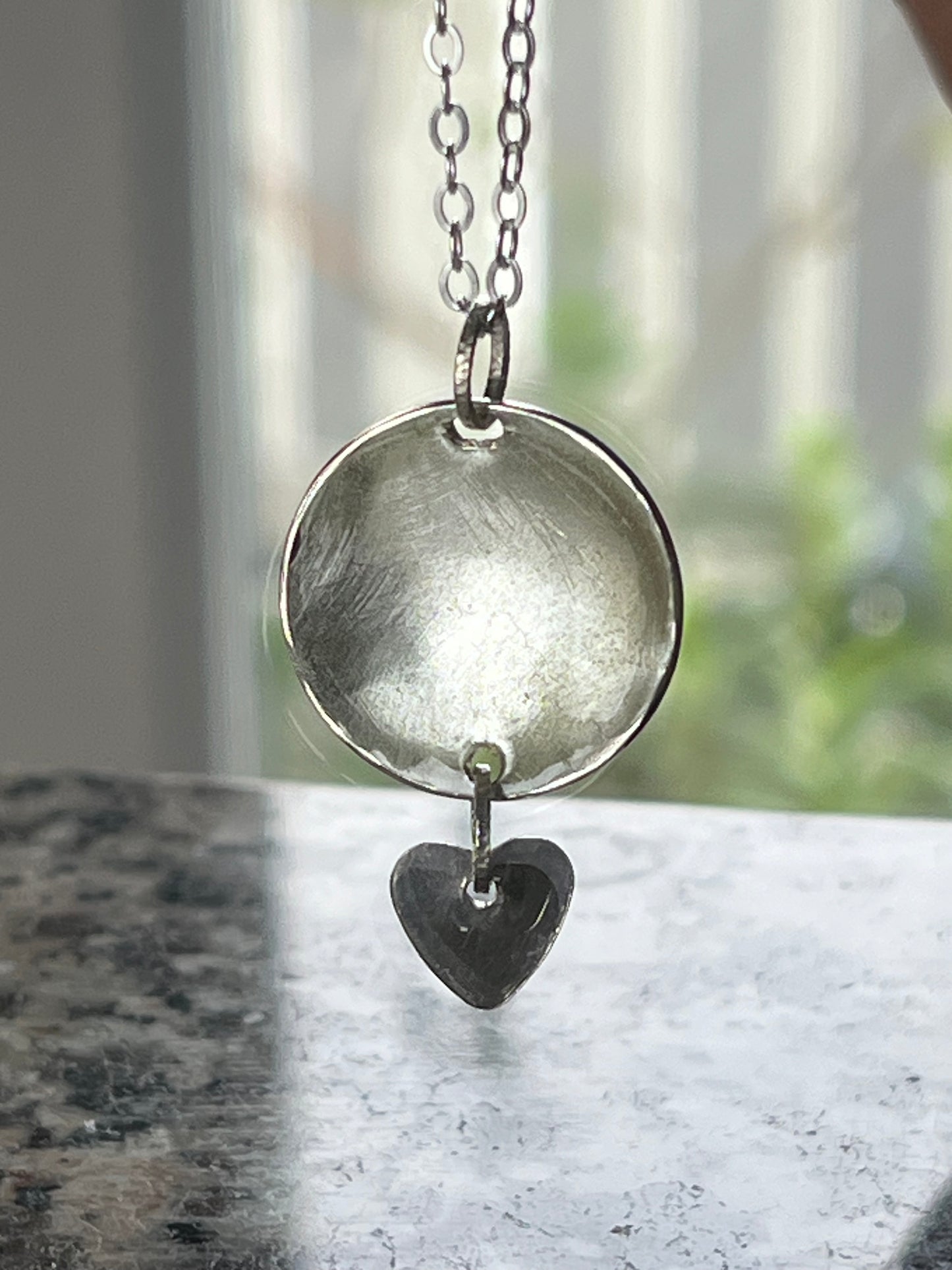 Pink Enameled Round Pendant with Sterling Silver Heart – Handcrafted Contemporary Necklace
