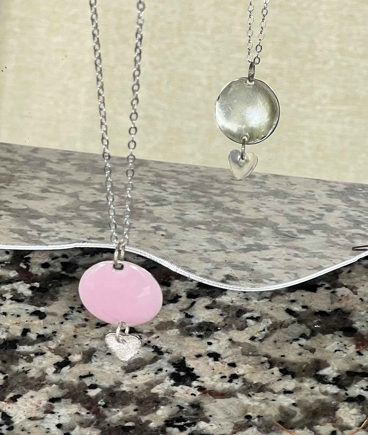 Pink Enameled Round Pendant with Sterling Silver Heart – Handcrafted Contemporary Necklace