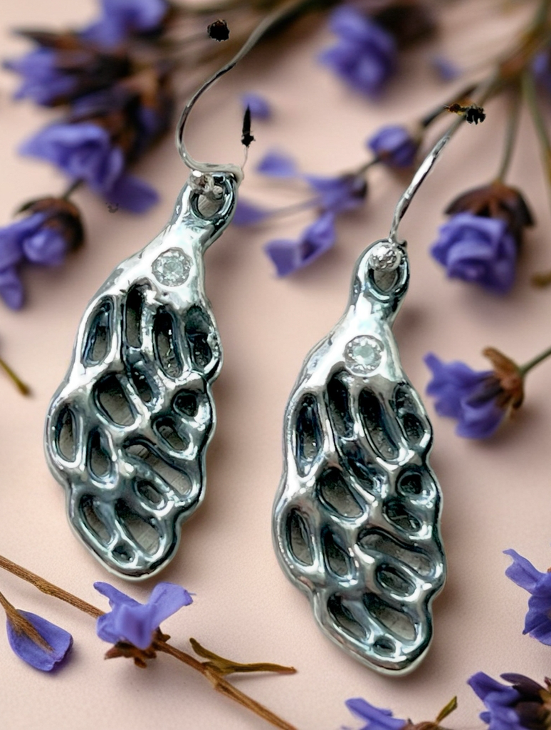 Sterling Silver Earrings with White Sapphire: Handmade Nature Inspired Fine Jewelry