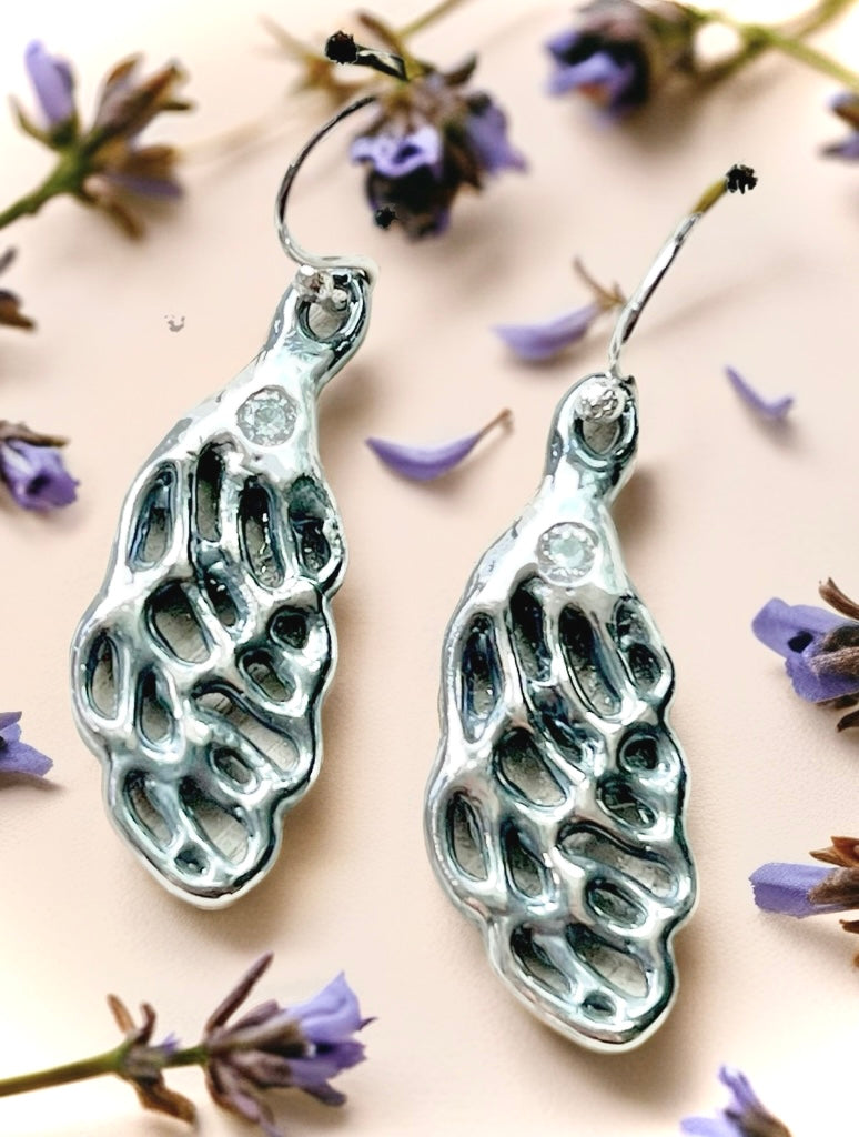 Sterling Silver Earrings with White Sapphire: Handmade Nature Inspired Fine Jewelry