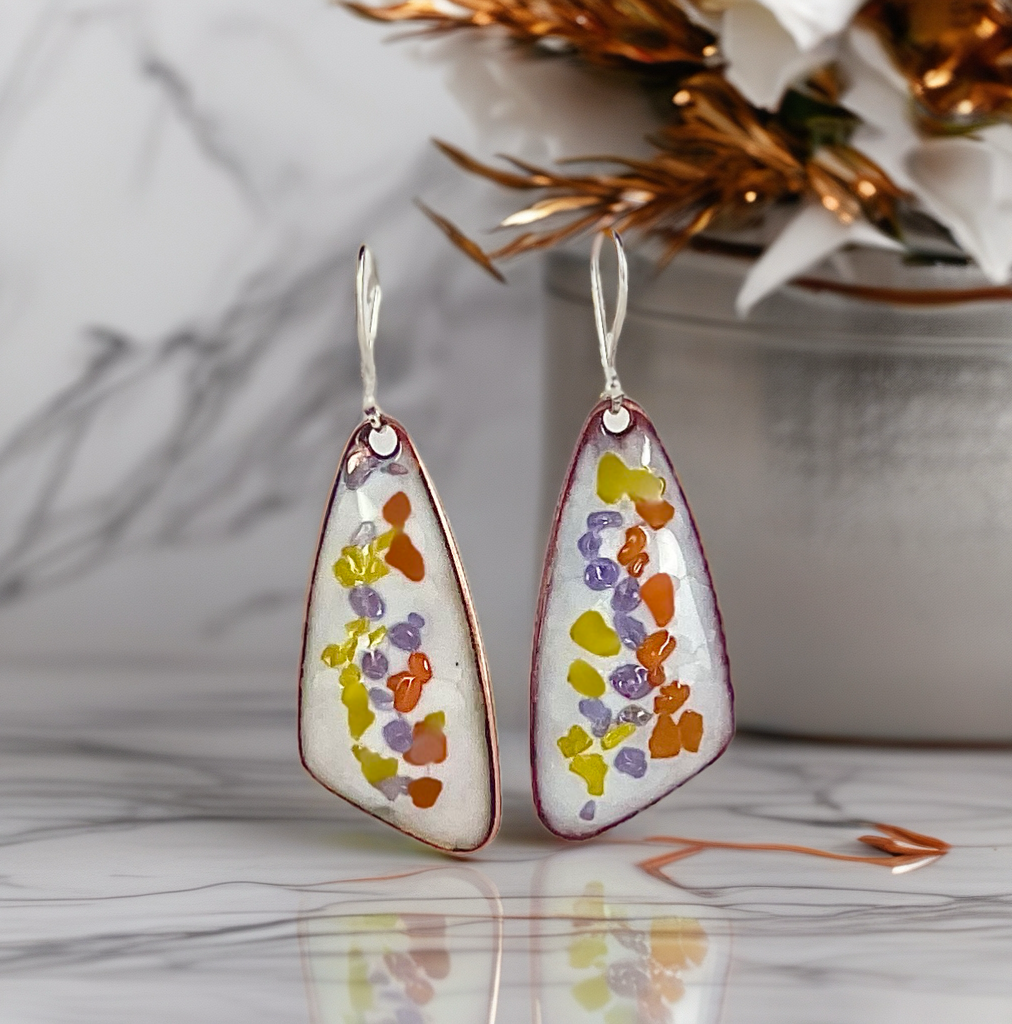 Handmade Enamel Earrings: Geometric Copper with Silver Hooks