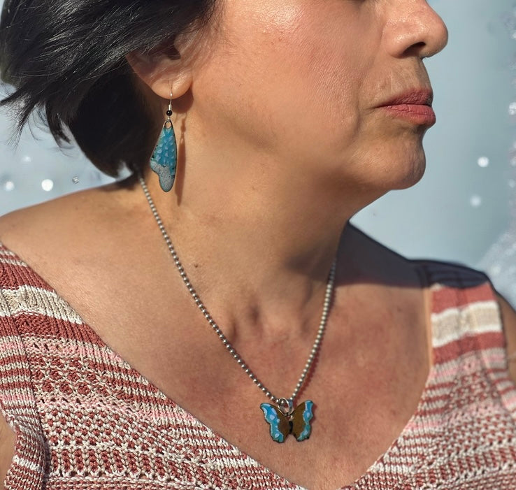 Enamel Butterfly Pendant Necklace. Sterling Silver Chain, Handcrafted Copper Jewelry for Women
