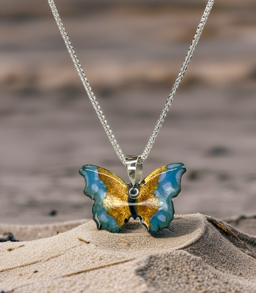 Enamel Butterfly Pendant Necklace. Sterling Silver Chain, Handcrafted Copper Jewelry for Women
