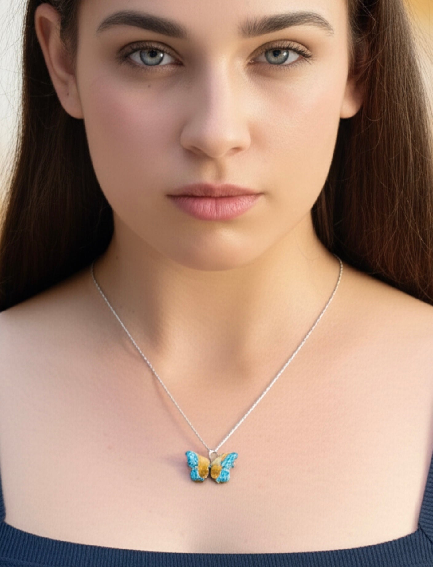 Enamel Butterfly Pendant Necklace. Sterling Silver Chain, Handcrafted Copper Jewelry for Women