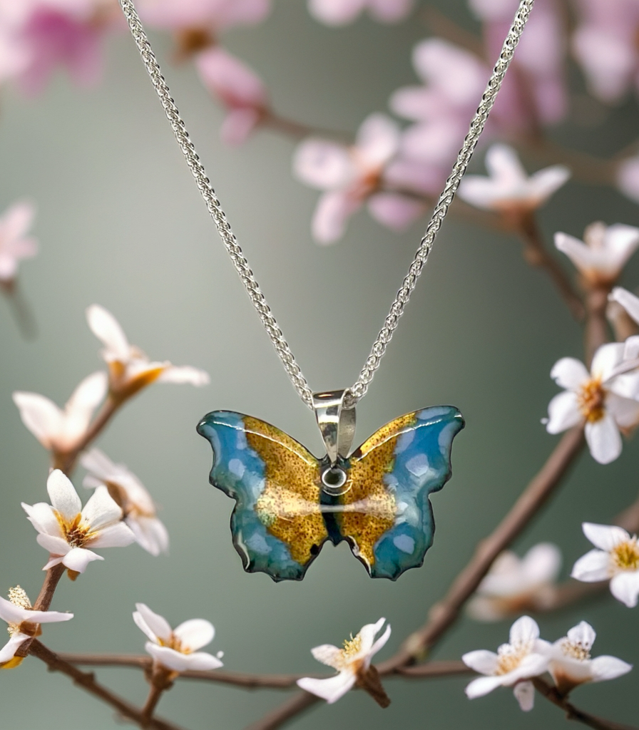 Enamel Butterfly Pendant Necklace. Sterling Silver Chain, Handcrafted Copper Jewelry for Women
