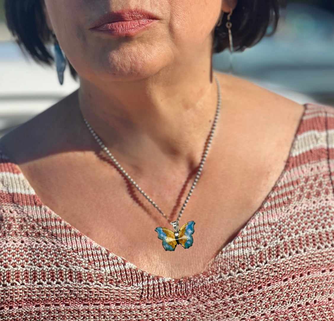 Enamel Butterfly Pendant Necklace. Sterling Silver Chain, Handcrafted Copper Jewelry for Women