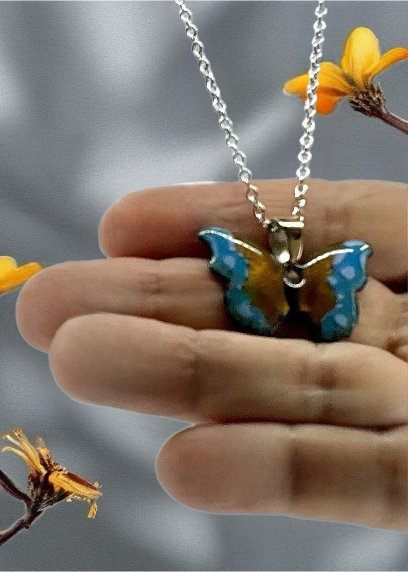 Enamel Butterfly Pendant Necklace. Sterling Silver Chain, Handcrafted Copper Jewelry for Women