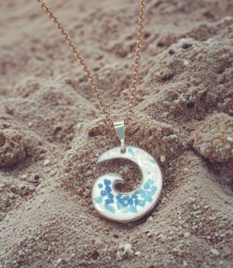 Ocean Wave Enamel Pendant Necklace – Opal White with Blue Hues – Handcrafted Surfing Coastal Jewelry
