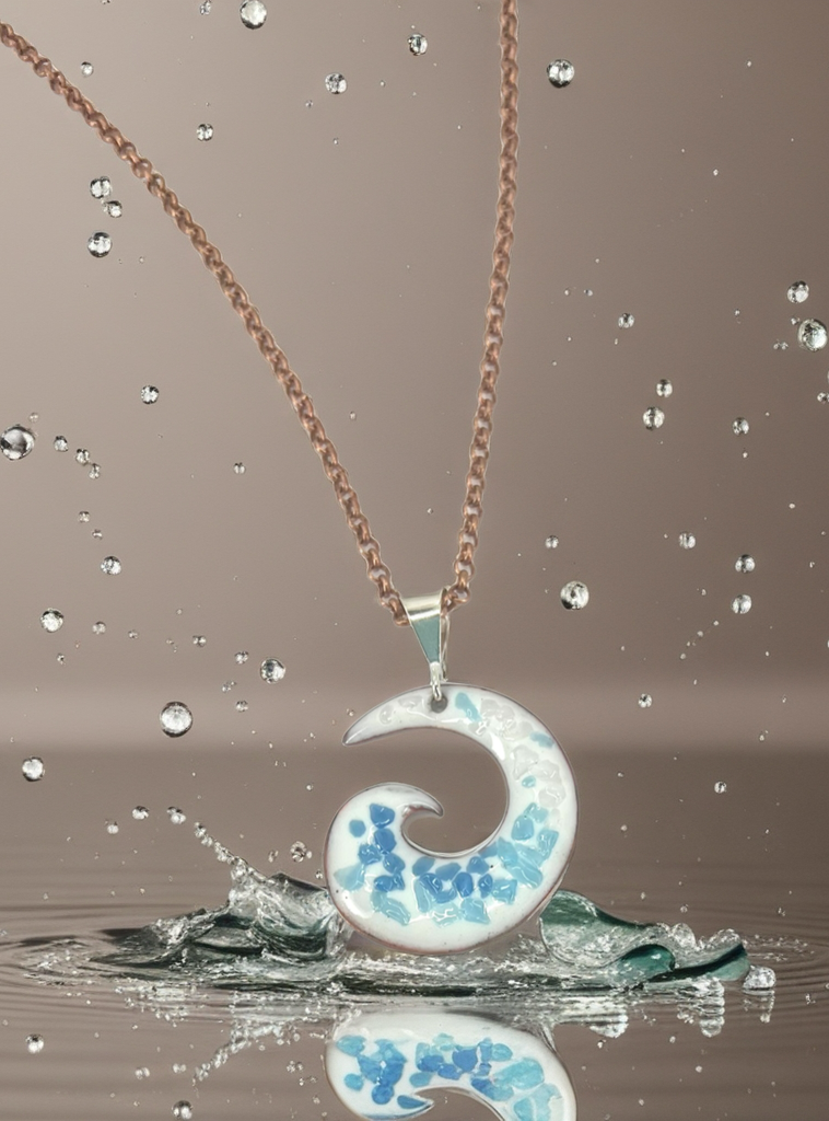 Ocean Wave Enamel Pendant Necklace – Opal White with Blue Hues – Handcrafted Surfing Coastal Jewelry