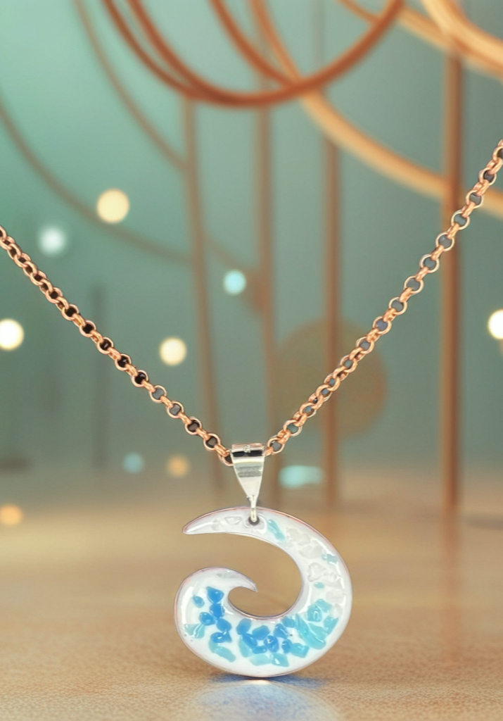 Ocean Wave Enamel Pendant Necklace – Opal White with Blue Hues – Handcrafted Surfing Coastal Jewelry