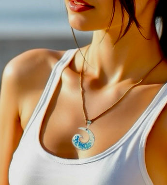 Ocean Wave Enamel Pendant Necklace – Opal White with Blue Hues – Handcrafted Surfing Coastal Jewelry