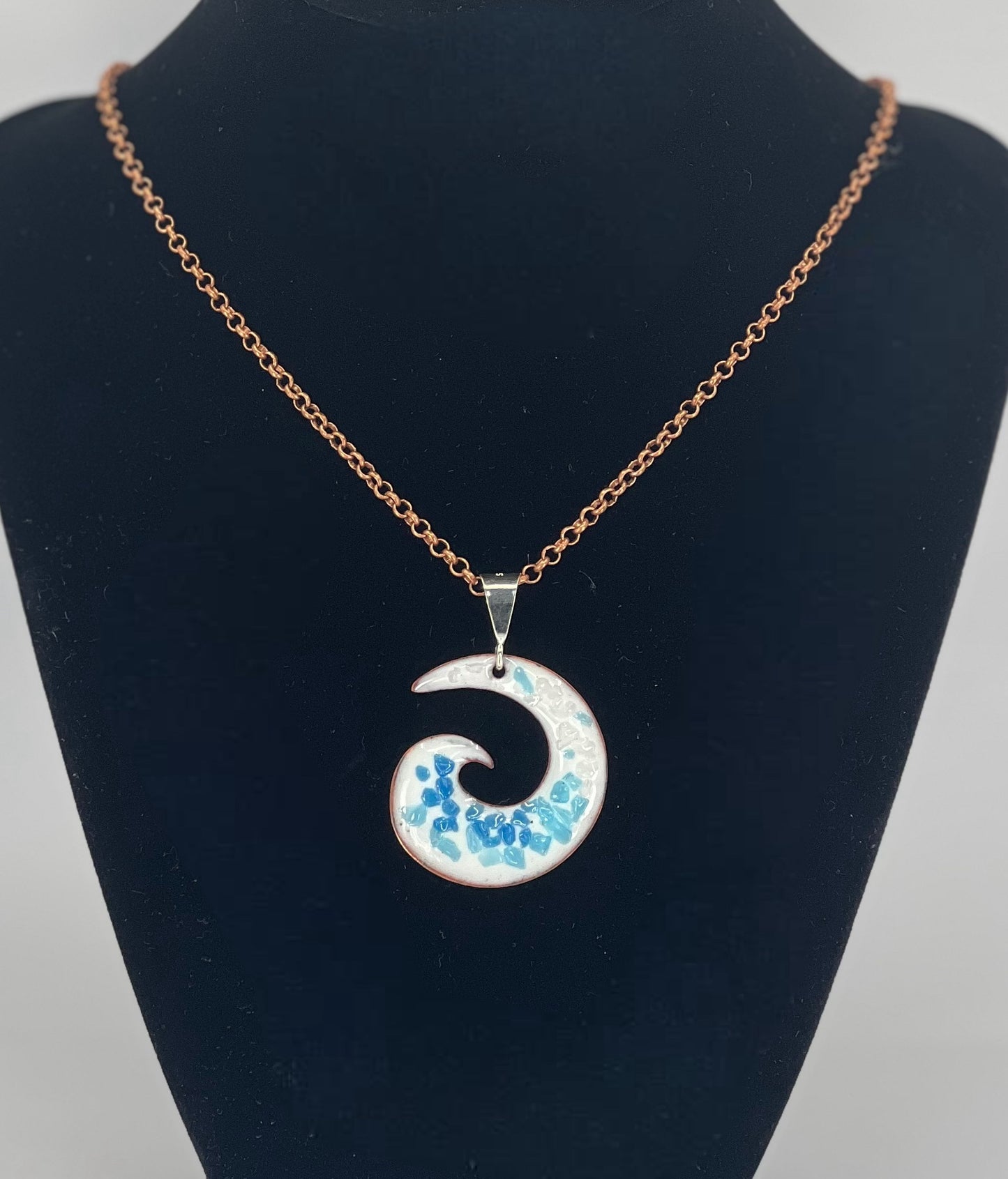 Ocean Wave Enamel Pendant Necklace – Opal White with Blue Hues – Handcrafted Surfing Coastal Jewelry