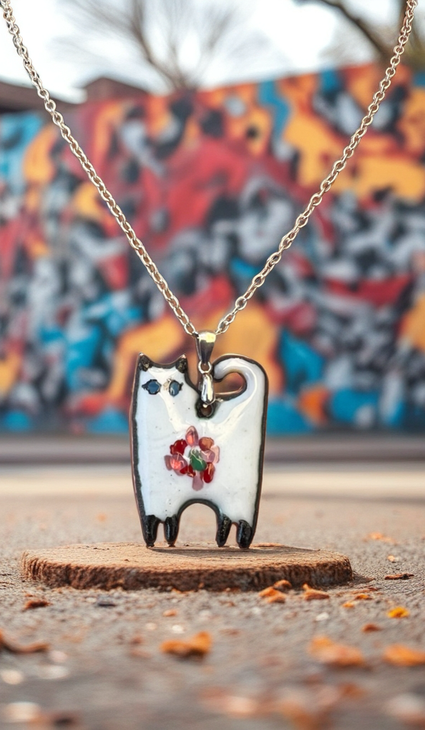 Handmade Whimsical Enamel Cat Pendant Necklace – Enamel Copper Fantasy Jewelry