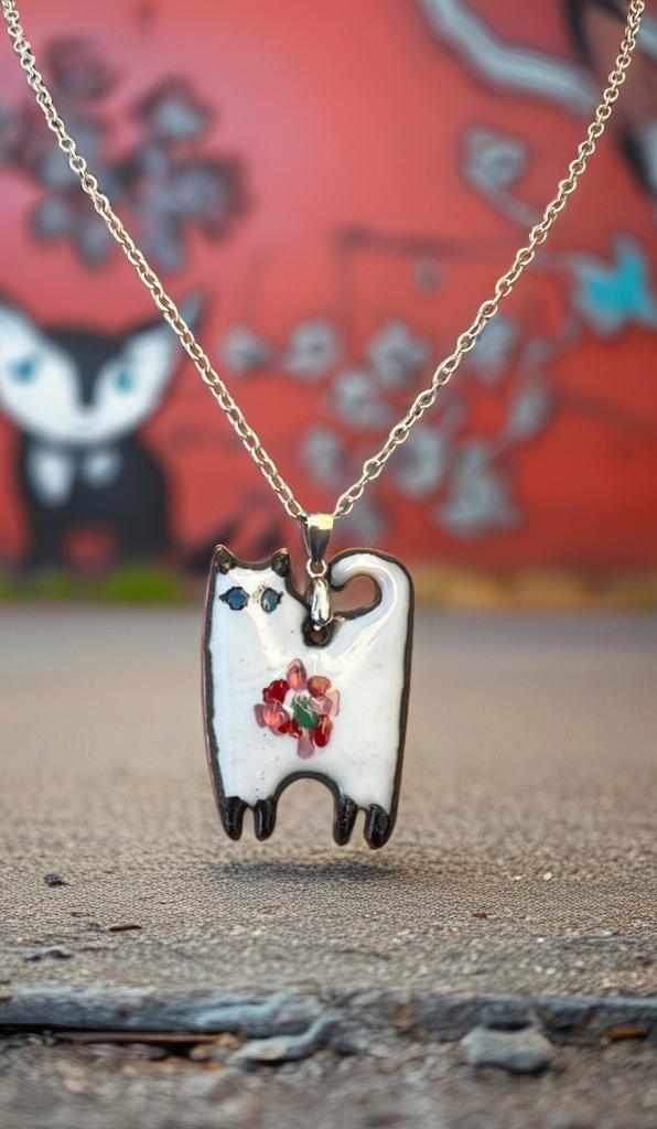 Cat-shaped pendant with a floral design on a chain against a colorful background