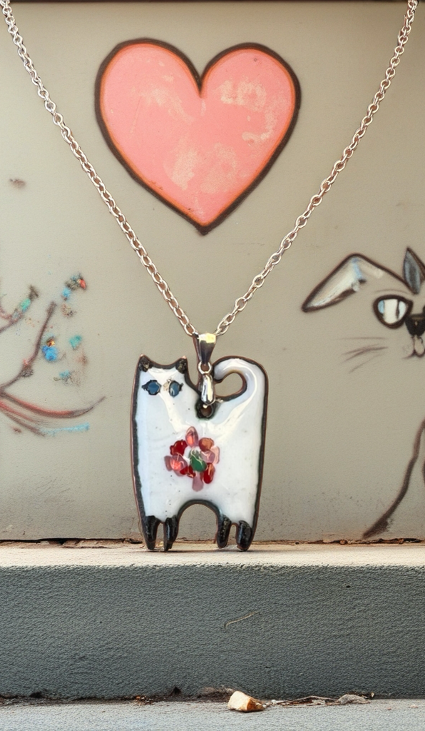 Handmade Whimsical Enamel Cat Pendant Necklace – Enamel Copper Fantasy Jewelry