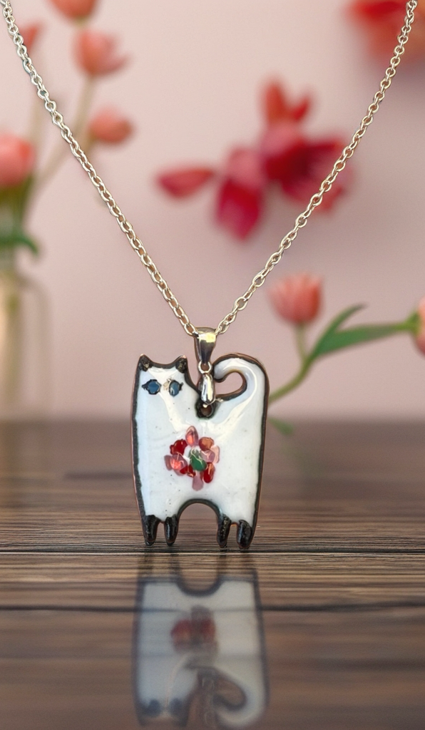 Handmade Whimsical Enamel Cat Pendant Necklace – Enamel Copper Fantasy Jewelry