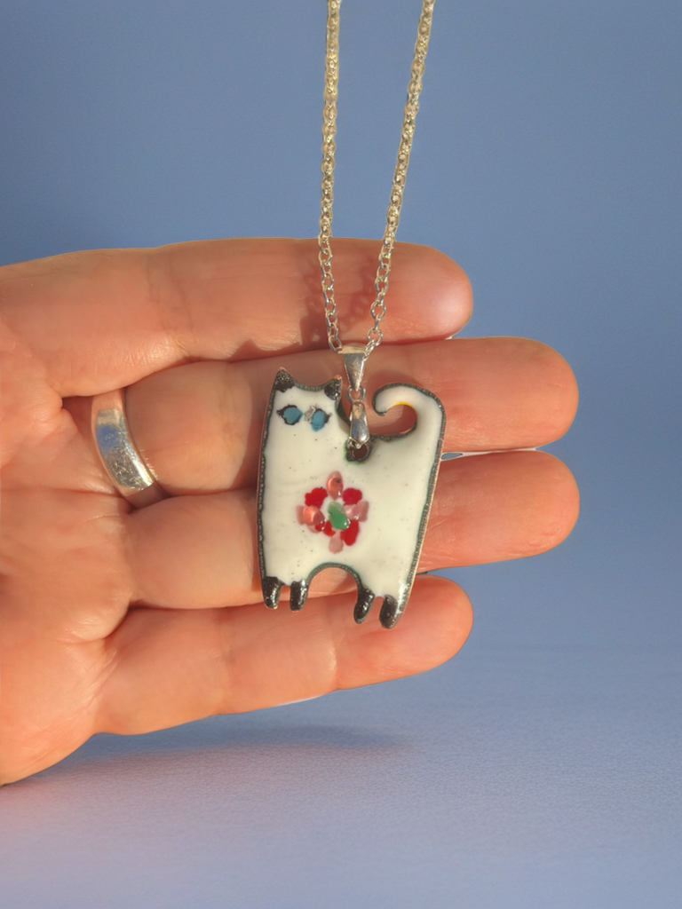 Handmade Whimsical Enamel Cat Pendant Necklace – Enamel Copper Fantasy Jewelry