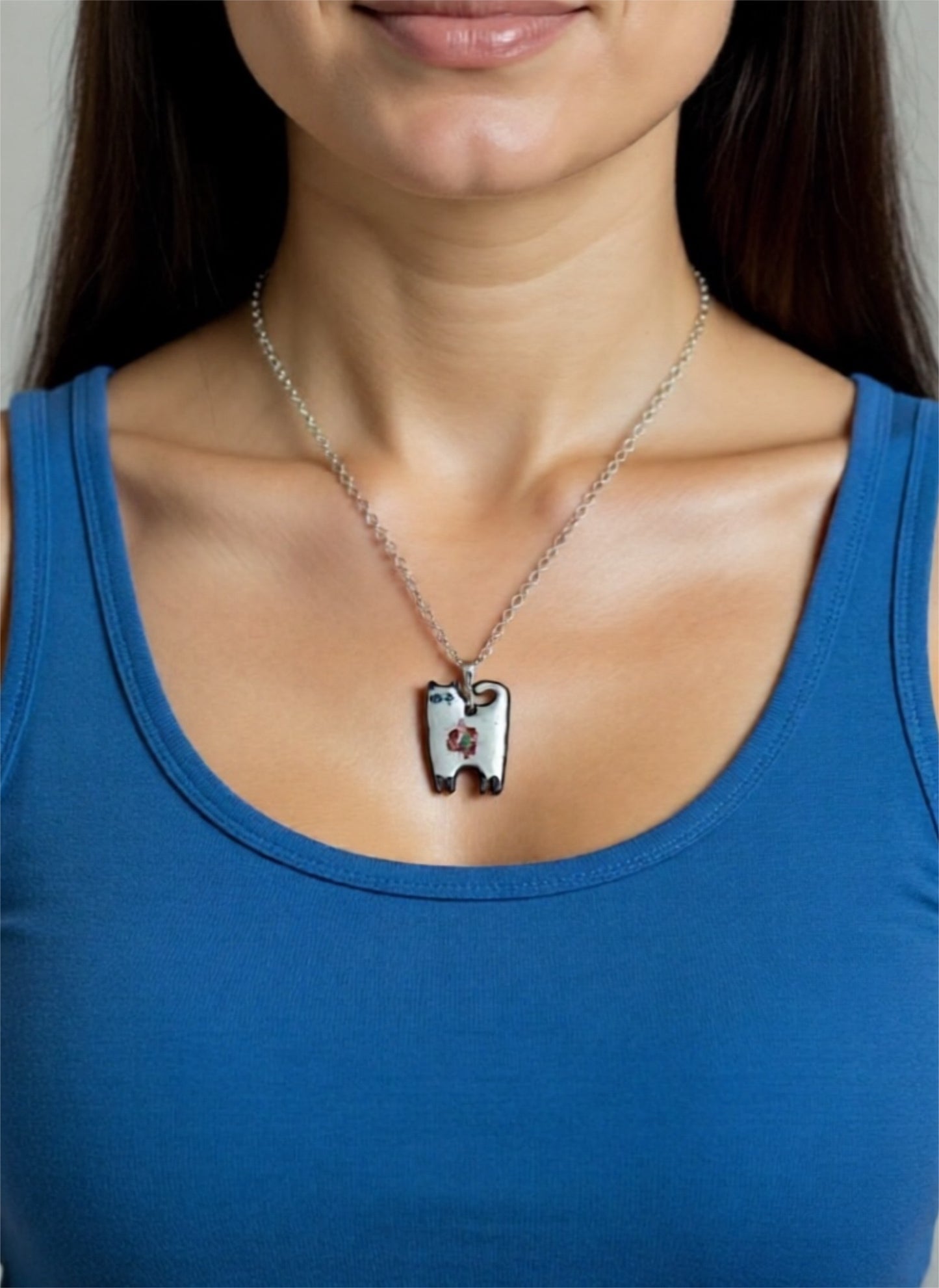 Handmade Whimsical Enamel Cat Pendant Necklace – Enamel Copper Fantasy Jewelry