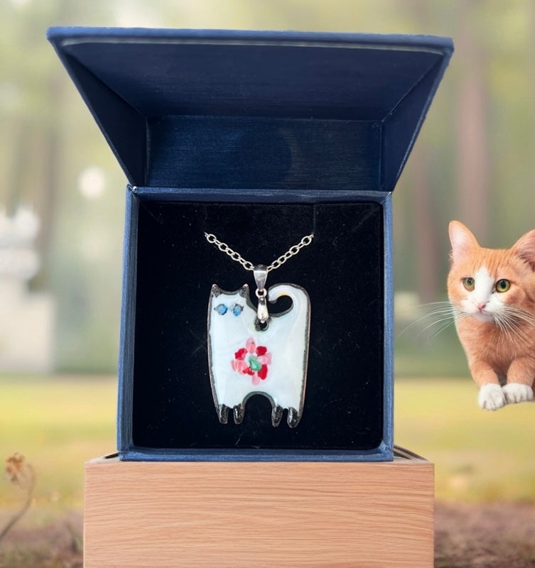 Handmade Whimsical Enamel Cat Pendant Necklace – Enamel Copper Fantasy Jewelry