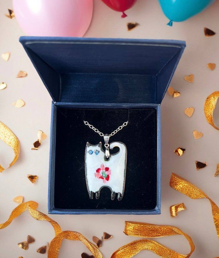 Handmade Whimsical Enamel Cat Pendant Necklace – Enamel Copper Fantasy Jewelry