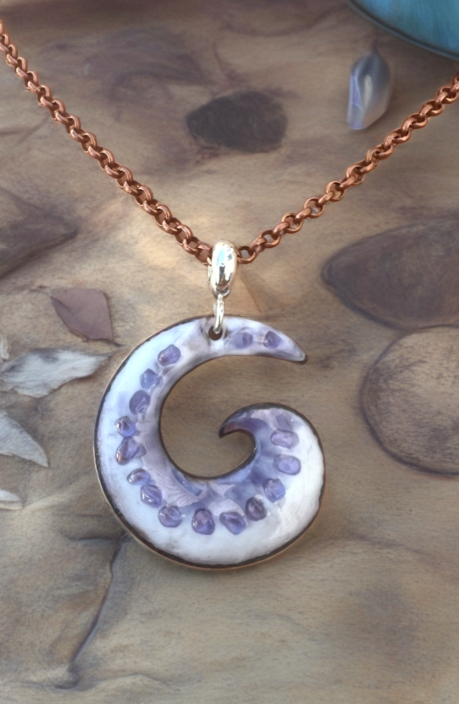 Ocean Wave Enamel Pendant Necklace – Opal White with Purple Colors – Handcrafted Surfing Coastal Jewelry