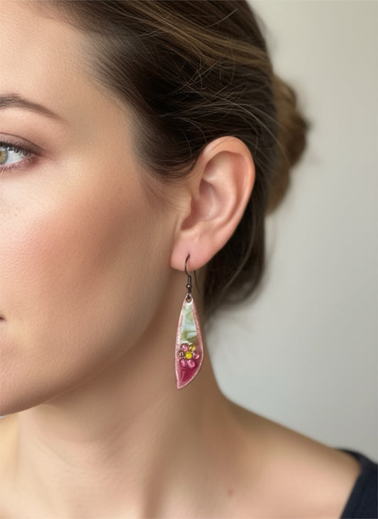 Handmade Enamel Earrings in Green and Pink • Glass Flower Accent • Copper Enamel Dangle Earrings