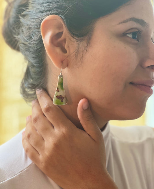 Green, White & Red Enameled Earrings – Handcrafted Sterling Silver with Gold Wires
