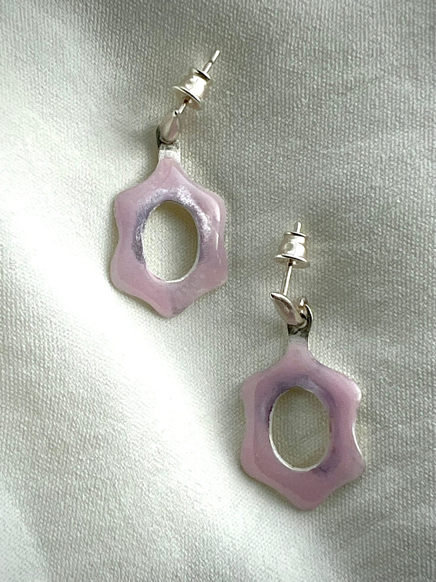 Pink Enamel Floral Earrings., Sterling Silver, Minimalistic Jewelry