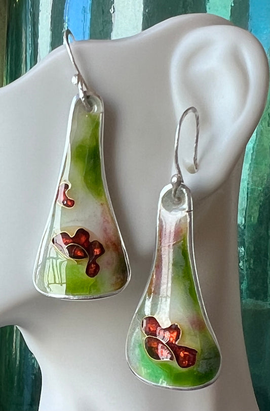 Green, White & Red Enameled Earrings – Handcrafted Sterling Silver with Gold Wires