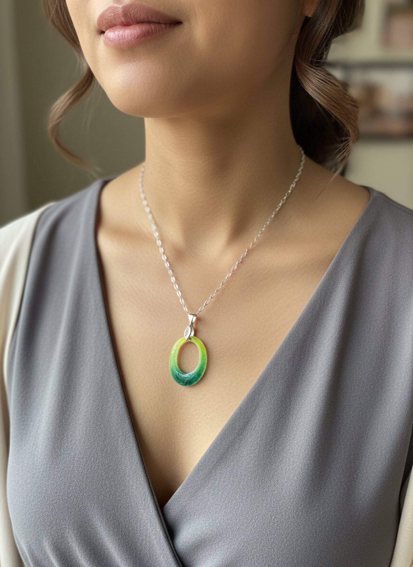 Green Enameled Pendant Necklace – Handcrafted Sterling Silver with chain
