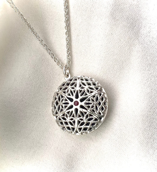 Sterling Silver Locket with Natural Ruby – Handcrafted Photo Necklace Memorial Jewelry