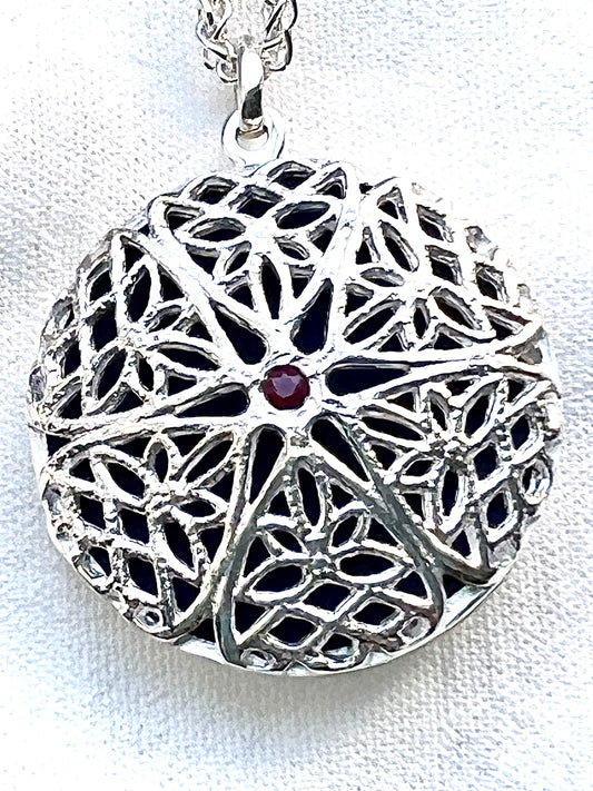 Sterling Silver Locket with Natural Ruby – Handcrafted Photo Necklace Memorial Jewelry