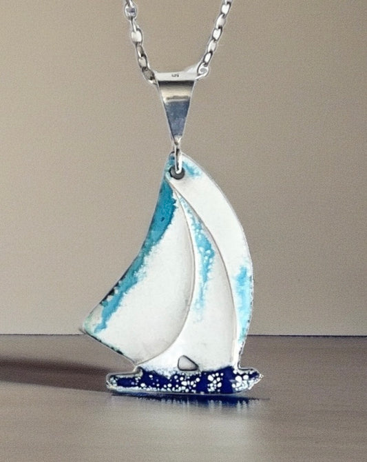 Enamel Sailing Boat Pendant, White & Blue Nautical Necklace, Silver and Copper. Handmade Artisan Jewelry