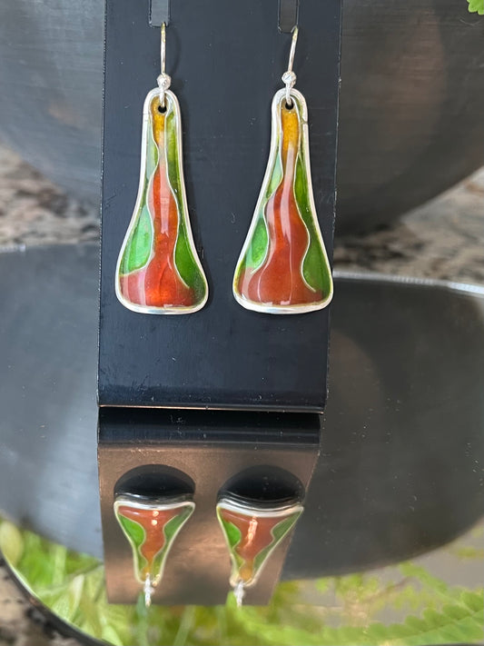 Green and Brown Enameled Earrings – Handcrafted Sterling Silver