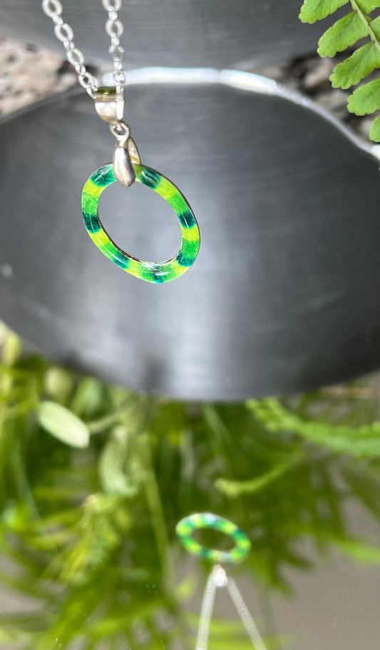 Oval Green Enameled Pendant Necklace – Handcrafted Sterling Silver, Minimalist Design