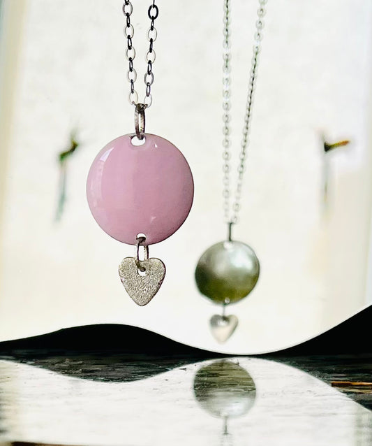 Pink Enameled Round Pendant with Sterling Silver Heart – Handcrafted Contemporary Necklace