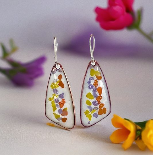 Handmade Enamel Earrings: Geometric Copper with Silver Hooks
