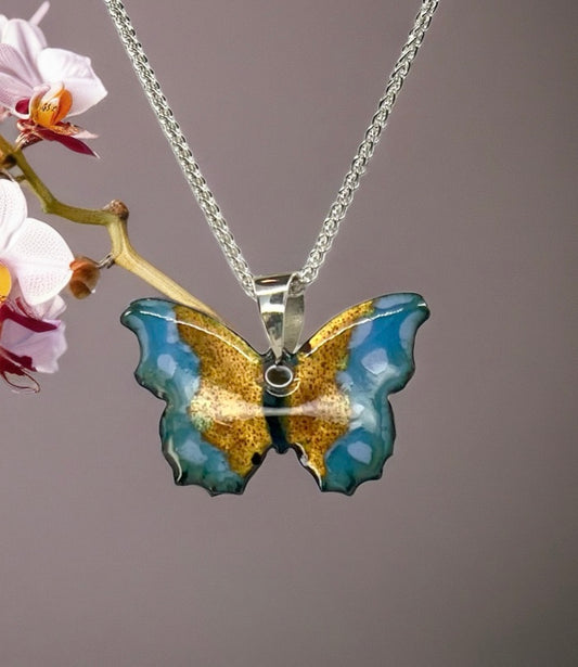 Enamel Butterfly Pendant Necklace. Sterling Silver Chain, Handcrafted Copper Jewelry for Women
