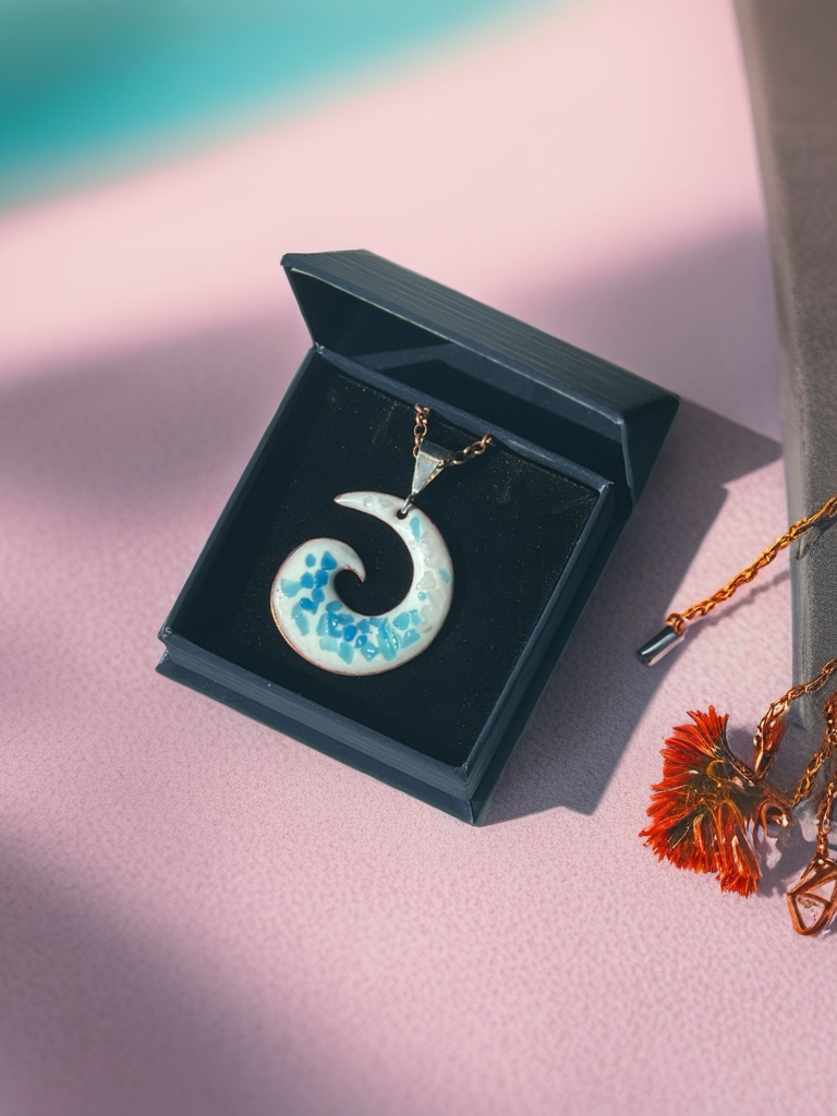 Ocean Wave Enamel Pendant Necklace – Opal White with Blue Hues – Handcrafted Surfing Coastal Jewelry