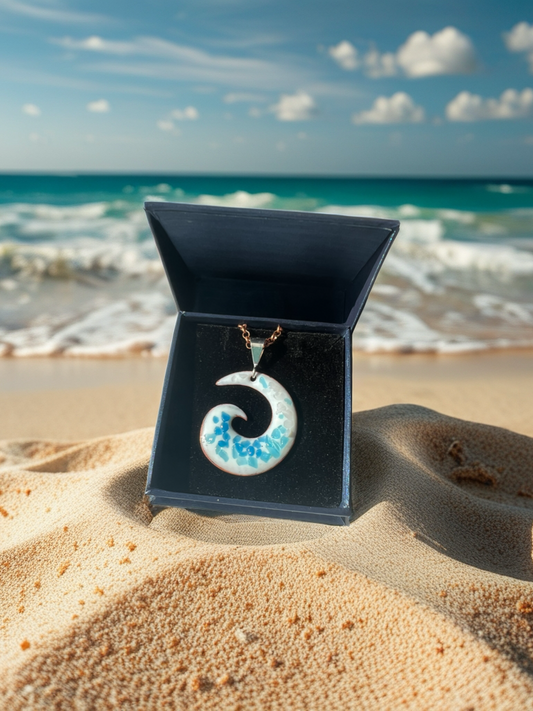 Ocean Wave Enamel Pendant Necklace – Opal White with Blue Hues – Handcrafted Surfing Coastal Jewelry
