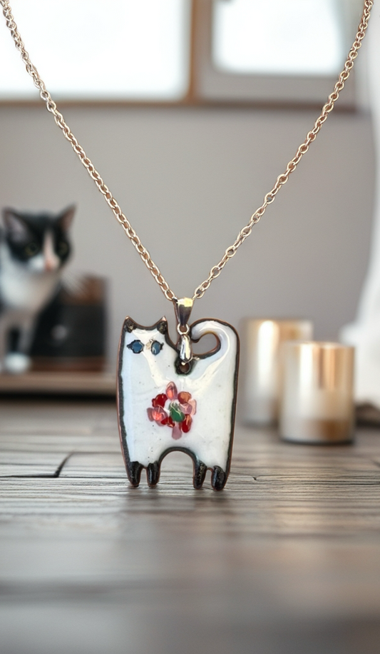 Handmade Whimsical Enamel Cat Pendant Necklace – Enamel Copper Fantasy Jewelry
