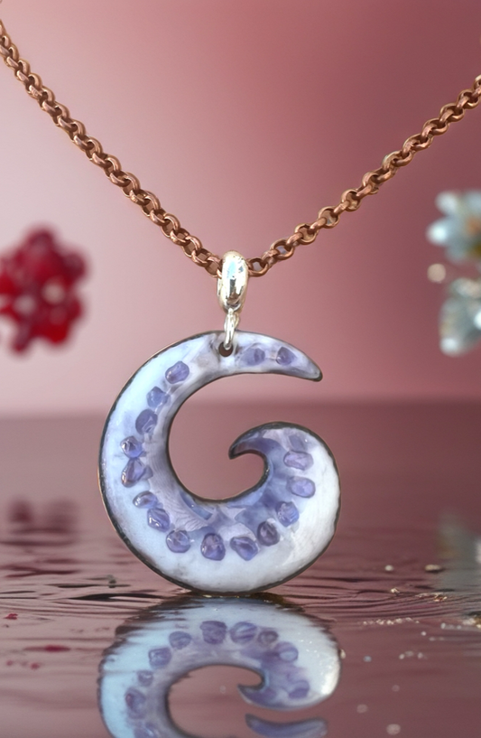 Ocean Wave Enamel Pendant Necklace – Opal White with Purple Colors – Handcrafted Surfing Coastal Jewelry