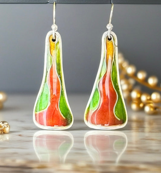 Handmade Silver Enamel Earrings | Green and Brown Cloisonné Dangle Earrings | Modern Minimalist Jewelry
