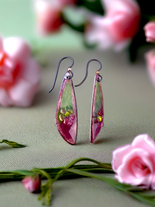Handmade Enamel Earrings in Green and Pink • Glass Flower Accent • Copper Enamel Dangle Earrings